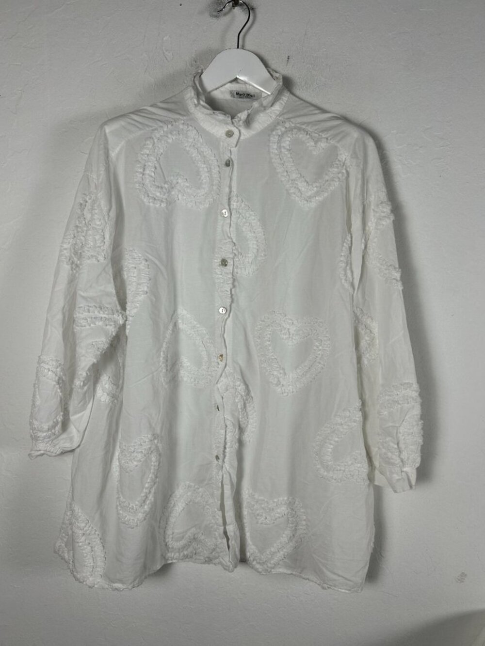 Meo Meli Womens White Button Down Textured Heart Shirt Tunic Top Made in Italy